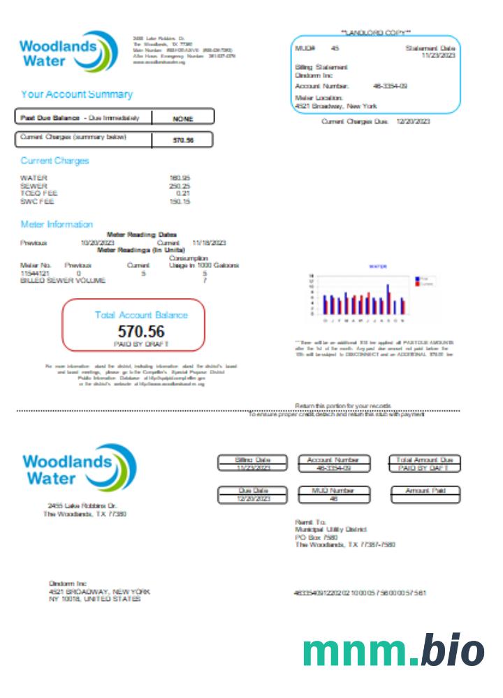 Woodlands Water rachunek za usługi komunalne
